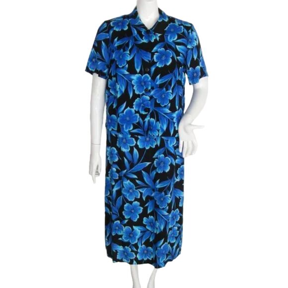Hawaiian Dress Set, L, 2pc, Dress & Matching Top, Floral, Black & Blue - Picture 1 of 8